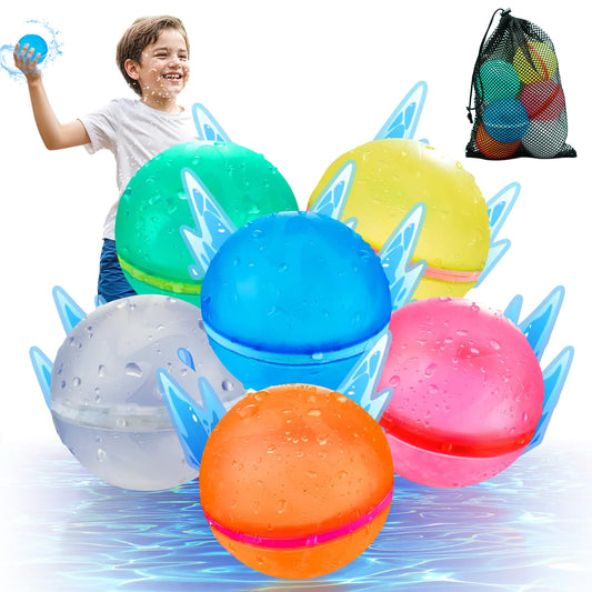【6 Pack】WABALLO Reusable Water Balloons Fast Refillable for Kids Outdoor Activities Magnetic latex-free Kids Pool Beach Bath Toys Self-Sealing Water Bomb Quick Fill for Summer Party